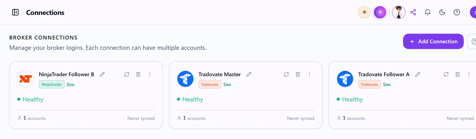 The TradeCloner Connections screen: three healthy broker connections across Tradovate and NinjaTrader